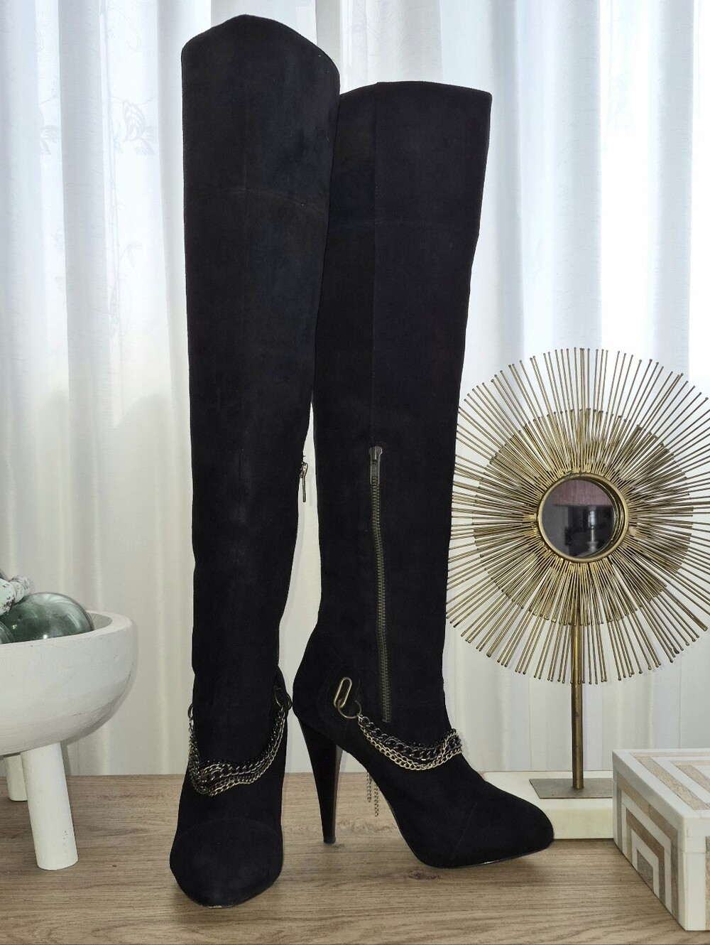Charlotte Ronson Over-the-Knee Black Suede Chain-Accent High Heel Boots